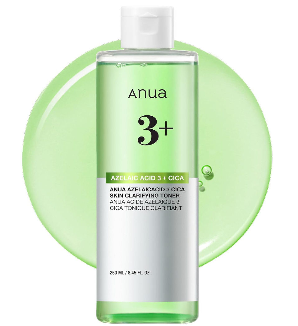 Anua toner bottle with green liquid on a white background, Azelaic Acid 3 Cica Skin Clarifying Toner 250ml