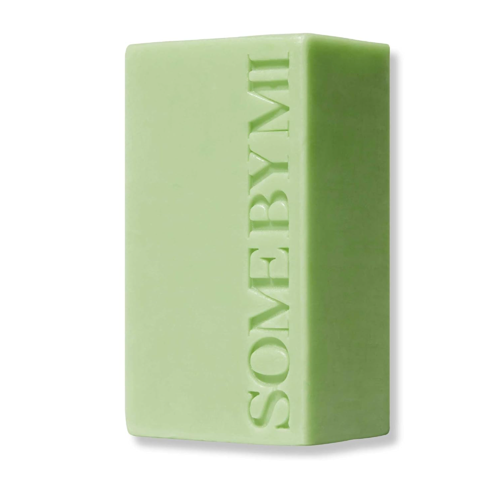 Green bar of soap with 'SOMEBYMI' branding on a white background, Somebymi Miracle Cleansing Bar 106g
