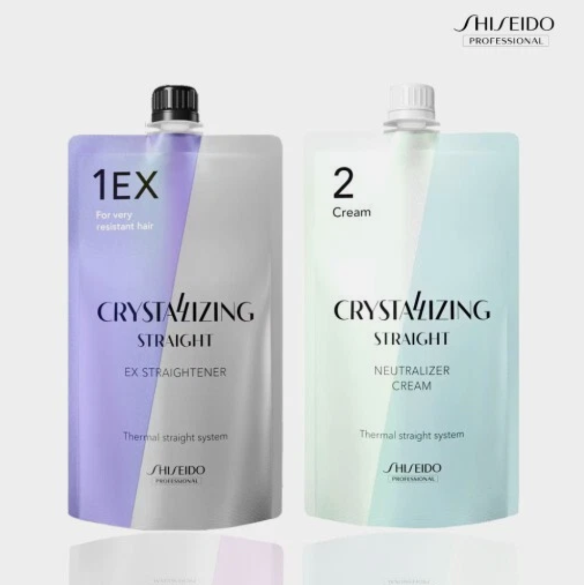 Shiseido Crystalizing Straight hair product set on a white background, Shiseido Crystallizing Hair Straightener 1EX + 2 Cream Set