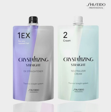 Shiseido Crystalizing Straight hair product set on a white background, Shiseido Crystallizing Hair Straightener 1EX + 2 Cream Set