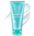 A tube of medicube 10 Azelaic Acid Niacinamide Deep Clean Foam Cleanser in a bright turquoise color, shown against a white background with a white foam swirl graphic behind it, Medicube Azelaic Acid Niacinamide Deep Clean Foam Cleanser 120g