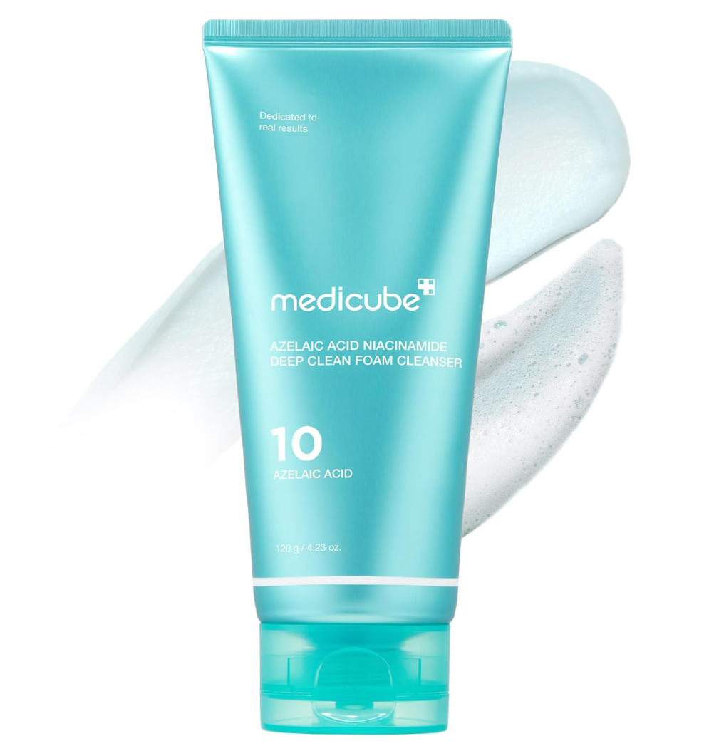 A tube of medicube 10 Azelaic Acid Niacinamide Deep Clean Foam Cleanser in a bright turquoise color, shown against a white background with a white foam swirl graphic behind it, Medicube Azelaic Acid Niacinamide Deep Clean Foam Cleanser 120g