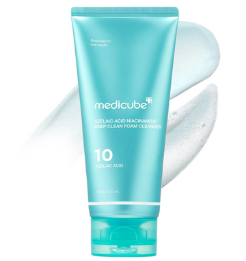 A tube of medicube 10 Azelaic Acid Niacinamide Deep Clean Foam Cleanser in a bright turquoise color, shown against a white background with a white foam swirl graphic behind it, Medicube Azelaic Acid Niacinamide Deep Clean Foam Cleanser 120g
