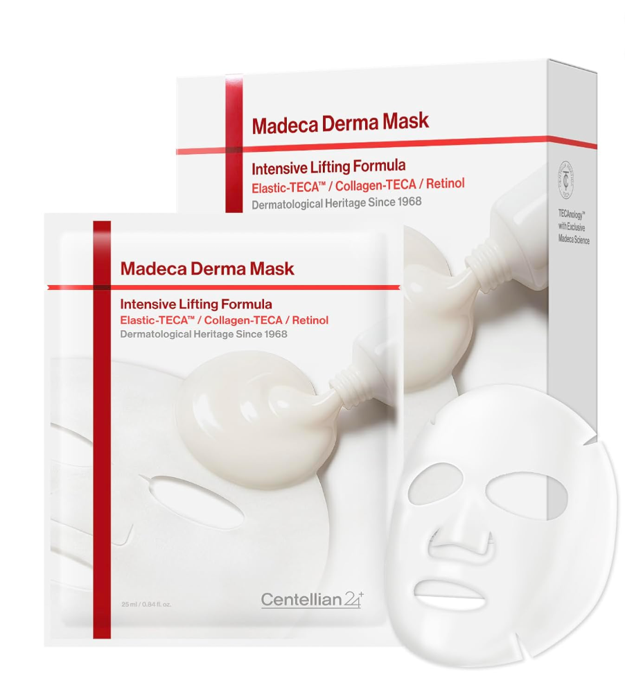 Madeca Derma Mask Intensive Lifting Formula shown with its retail box and a single white sheet mask on a clean white background. The packaging features red and black text with an illustration of glowing face masks. CENTELLIAN 24 Madeca Derma Mask Intensive Lifting Formula 10pcs