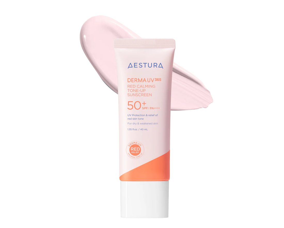 Aestura sunscreen tube with pink applicator on a white background, Aestura Derma UV 365 Red Calming Tone-Up Sunscreen SPF 50+ 40ml