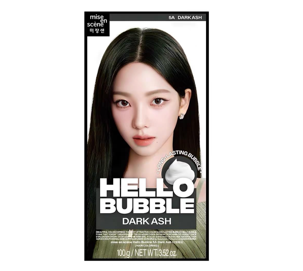 Hair dye packaging with a model and 'Hello Bubble' branding on a white background, Hello bubble dark Ash 5A