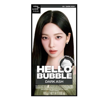 Hair dye packaging with a model and 'Hello Bubble' branding on a white background, Hello bubble dark Ash 5A