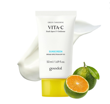Vita-C sunscreen with green tangerines on a white background, Goodal Green Tangerine Vita C Dark Spot UV Defense Sunscreen Spf 50 50ml