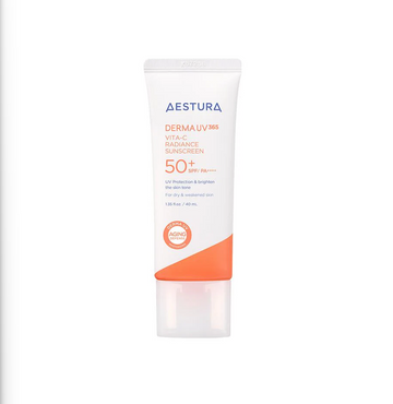 Aestura sunscreen tube on a white background, Aestura Derma UV 365 Vita-C Radiance Sunscreen 50+ 40ml