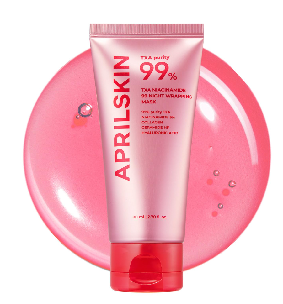 Aprilskin TXA Purity 99% night wrapping mask on a pink background, April Skin TXA Niacinamide 99 Night Wrapping Mask 80ml