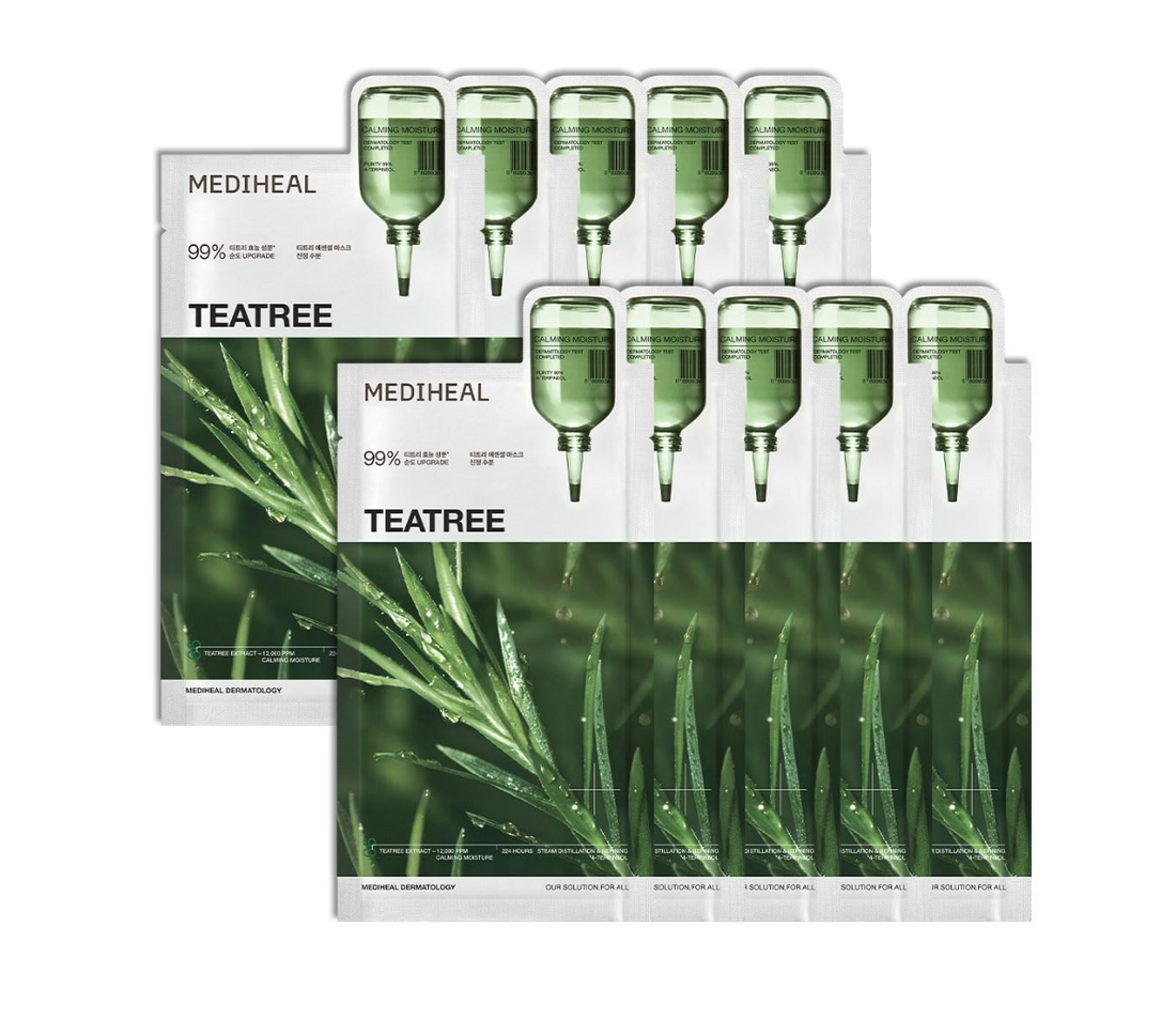 Mediheal Teatree facial mask packaging on a white background, Mediheal Teatree Mask 10+1
