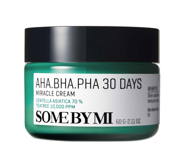 Green jar of 'Some By Mi' AHA.BHA.PHA 30 Days Miracle Cream on a white background, Somebymi AHA. BHA. PHA 30 Days Miracle Cream 60g