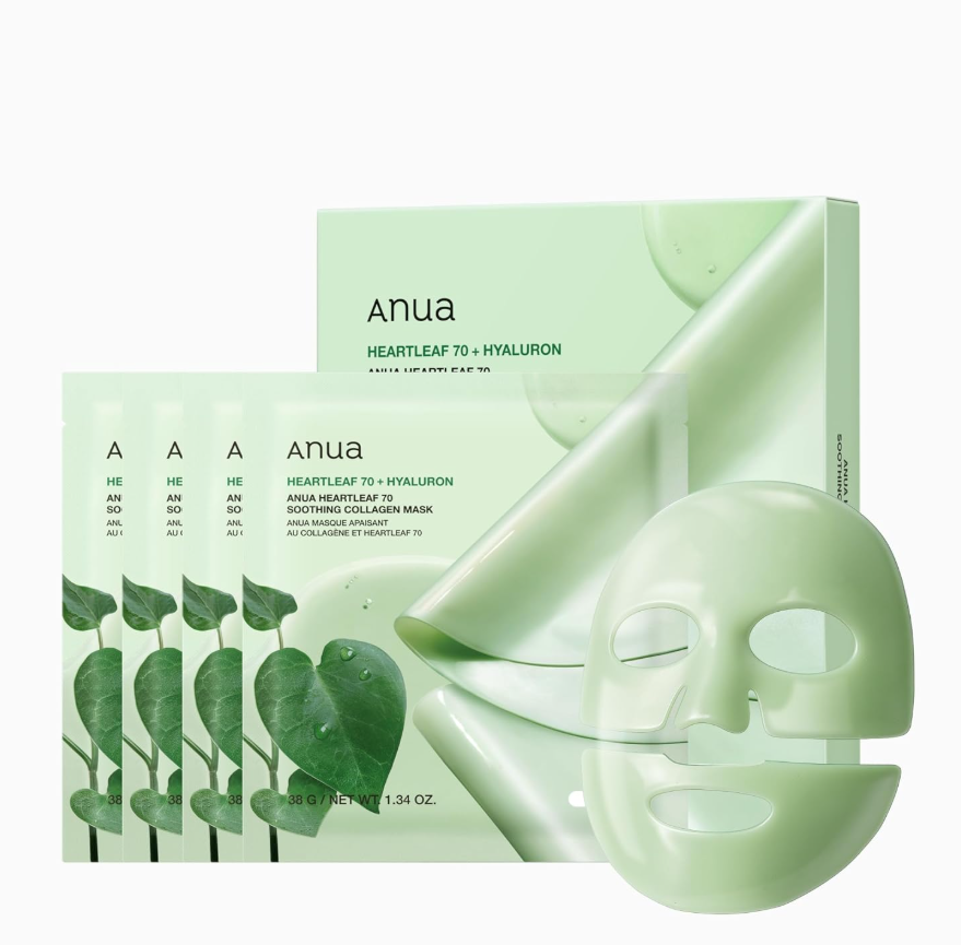 Anua heartleaf 70 + hyaluron face mask packaging on a white background, Anua Heartleaf 70 Soothing Collagen Mask 4ea
