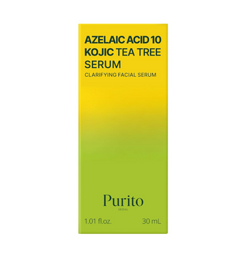 Purito Azelaic Acid 10 Kojic Tea Tree Serum packaging with yellow to green gradient on a white background, Purito Azelaic Acid 10 Kojic Tea Tree Serum 30ml