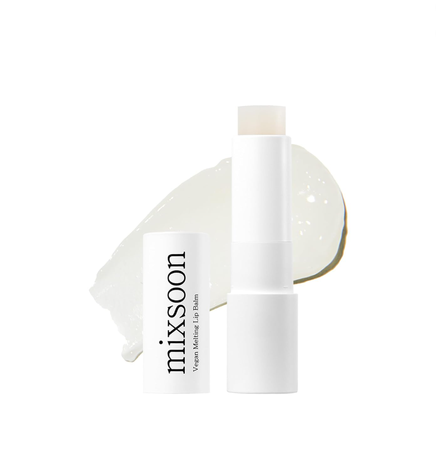 White lip balm with 'mixsoon' branding on a white background, Mixsoon Vegan Melting Lip Balm 01 Clear 4.1g