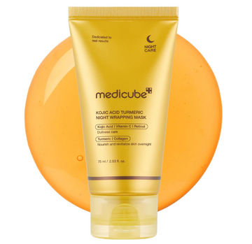 Yellow tube of Medicube night care mask on an orange background, Medicube Kojic Acid Turmeric Night Wrapping Mask 75ml