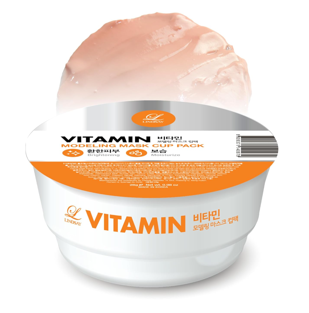 Vitamin modeling mask pack with pink cream on a white background, Lindsay Vitamin Modeling Mask Cup Pack 28g