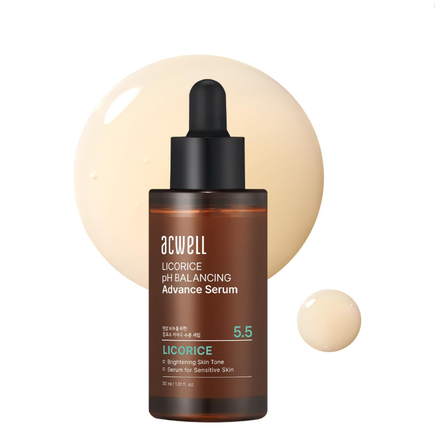 Acwell Licorice pH Balancing Advance Serum bottle with dropper on a white background, Acwell Licorice pH Balancing Advance Serum 30ml
