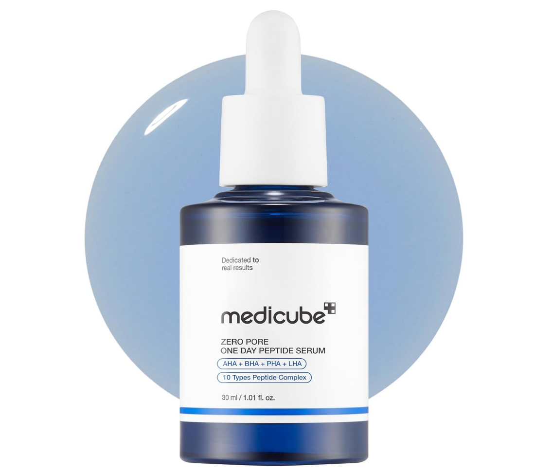 Medicube Zero Pore One Day Peptide Serum bottle with dropper on a light blue background, Medicube Zero Pore One Day Peptide Serum 30ml