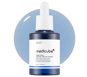 Medicube Zero Pore One Day Peptide Serum bottle with dropper on a light blue background, Medicube Zero Pore One Day Peptide Serum 30ml
