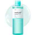 A bottle of medicube Azelaic Acid Niacinamide Clear Toner with a turquoise cap and turquoise liquid, set against a white background with a translucent turquoise oval graphic behind it, Medicube Azelaic Acid Niacinamide Clarifying Toner 250ml
