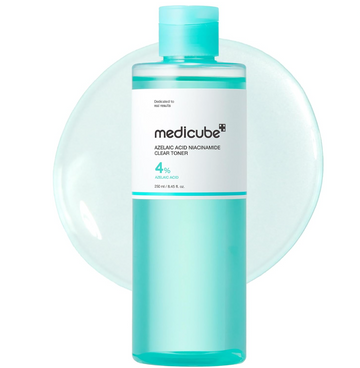 A bottle of medicube Azelaic Acid Niacinamide Clear Toner with a turquoise cap and turquoise liquid, set against a white background with a translucent turquoise oval graphic behind it, Medicube Azelaic Acid Niacinamide Clarifying Toner 250ml