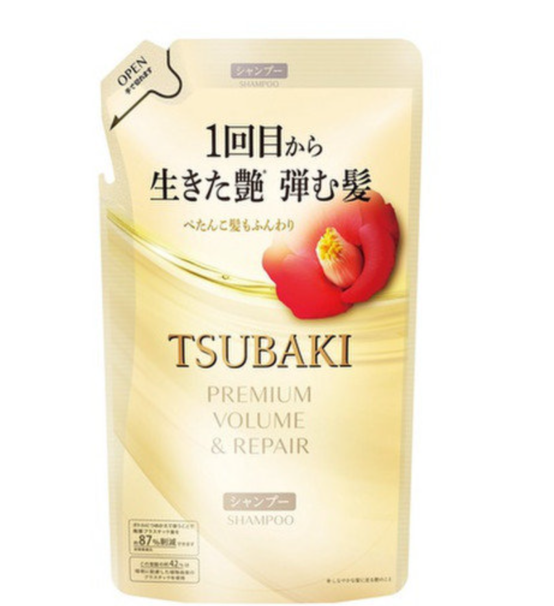 Tsubaki shampoo bottle with a red flower on a white background, TSUBAKI Premium Volume & Repair Shampoo Refill 300ml