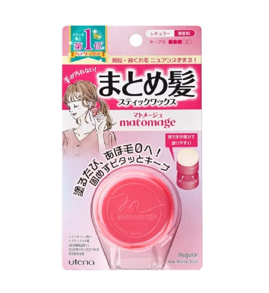 Packaging of a hair product with a pink stick and branding on a white background, Utena Matomage Hair Styling Stick Regular 13g
