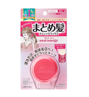 Packaging of a hair product with a pink stick and branding on a white background, Utena Matomage Hair Styling Stick Regular 13g