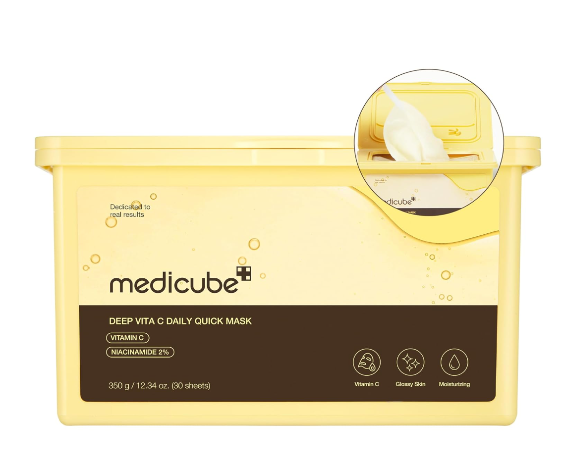 Yellow packaging of Medicube Deep Vita C Daily Quick Mask with a close-up of the mask sheet, Medicube Deep Vita C Daily Quick Mask 350g 30 sheets