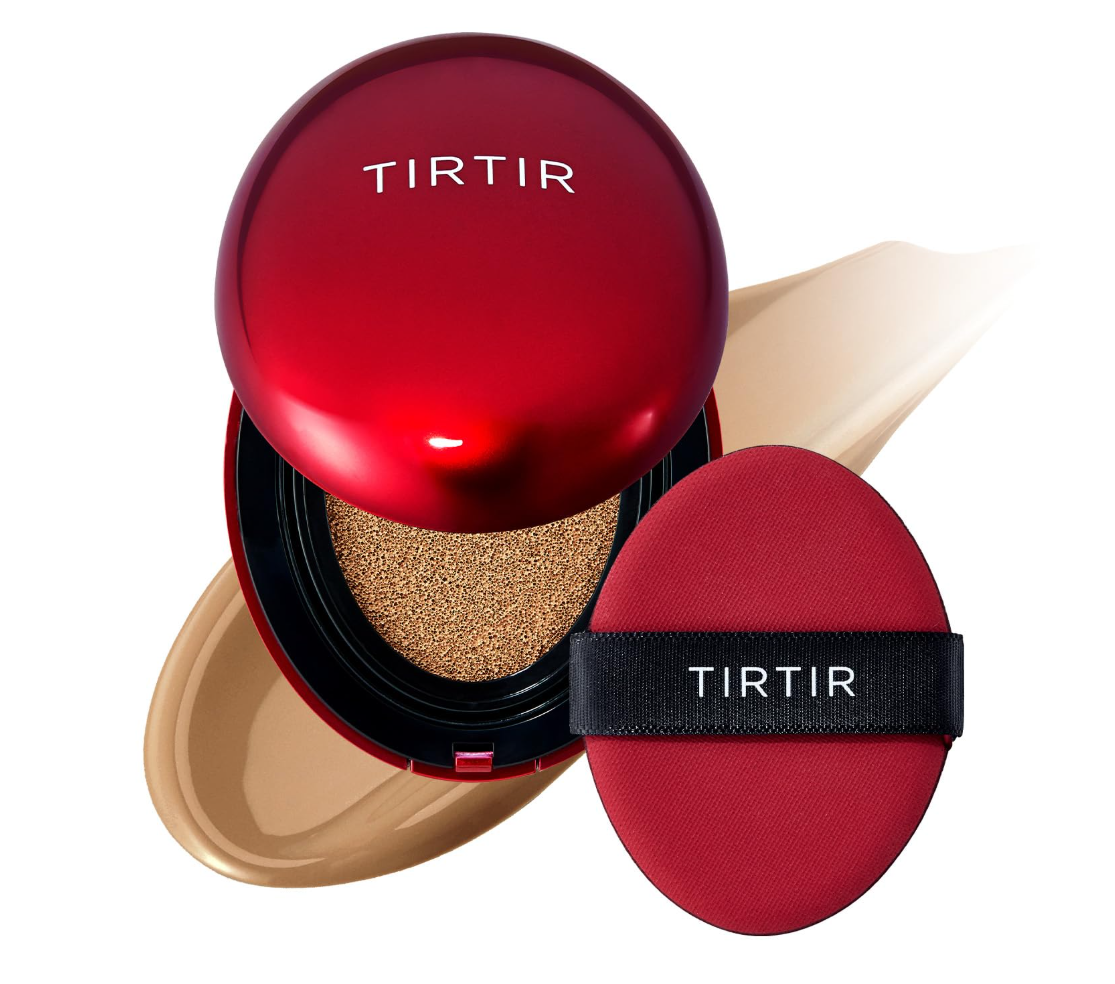 TIRTIR cosmetic compact with red lid and case on a white background, TIRTIR Mask Fit Red Cushion 34W Toffee 18g