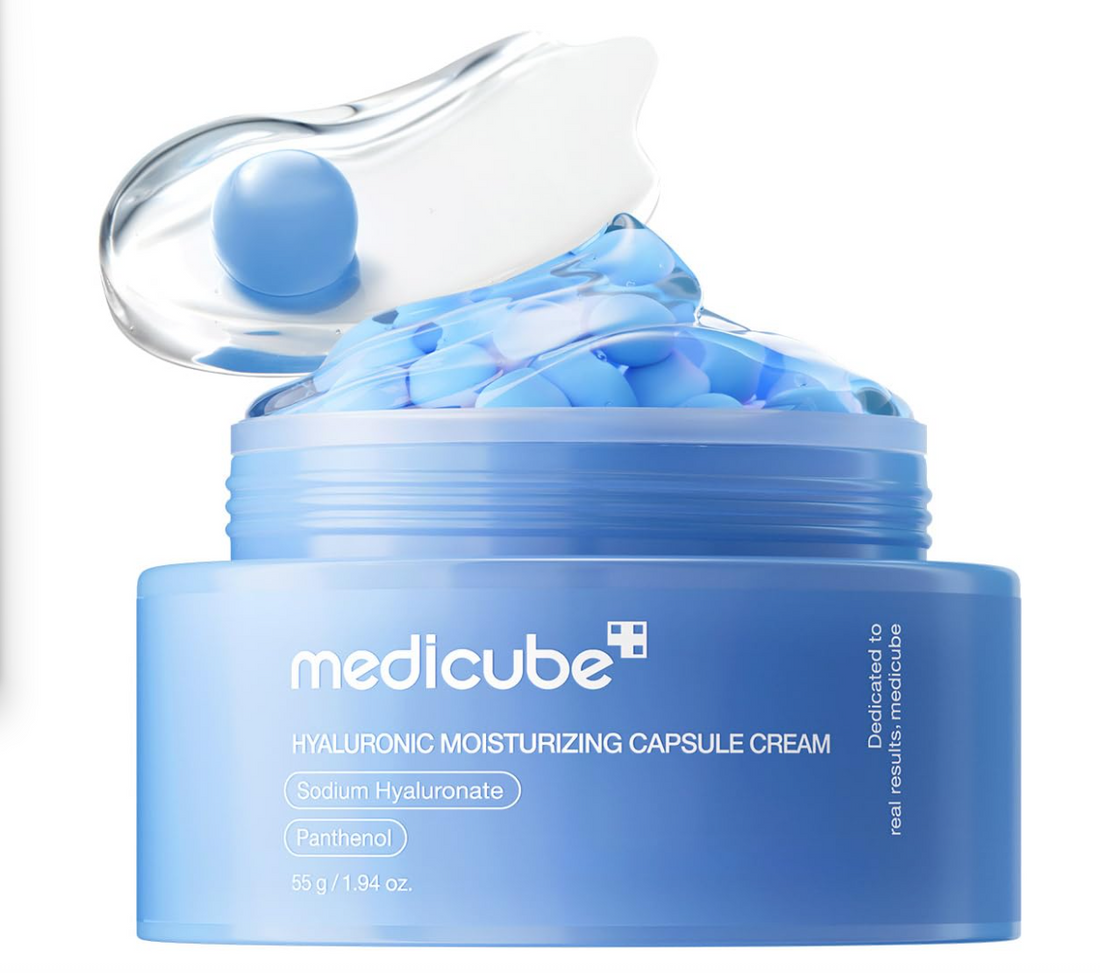 Blue jar of Medicube hyaluronic moisturizing capsule cream on a white background, Medicube Hyaluronic Moisturizing Capsule Cream 55g