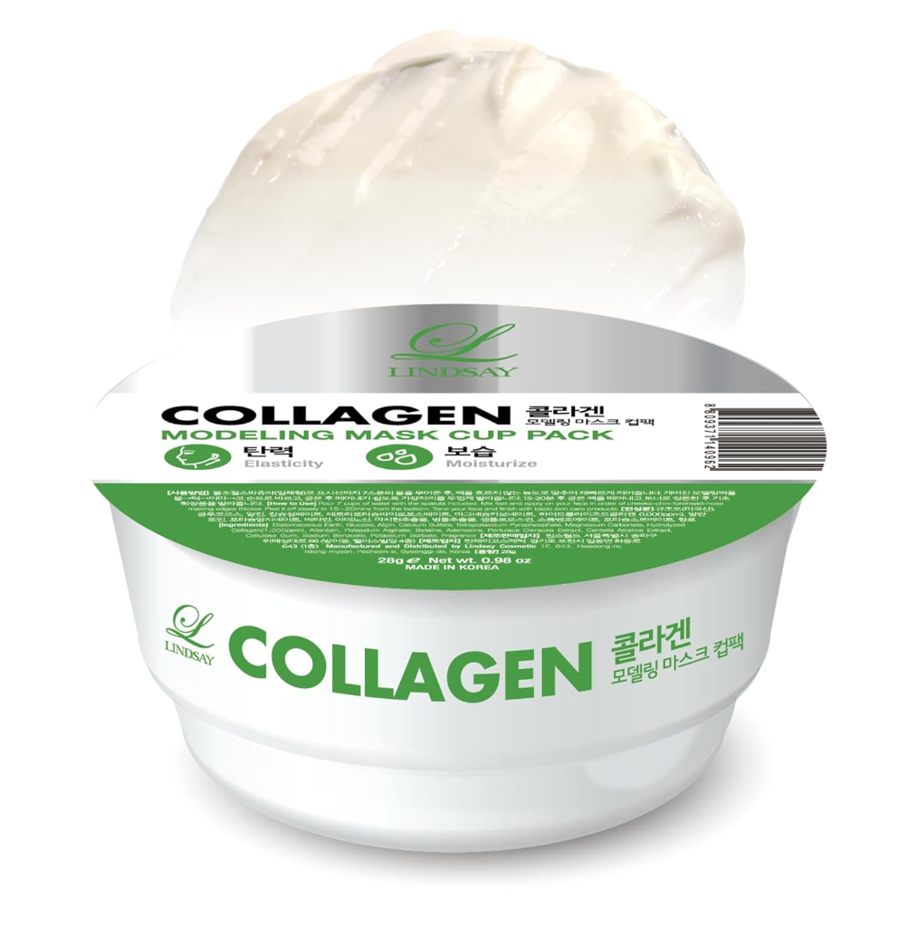 Collagen modeling mask cup pack with visible branding on a white background, Lindsay Collagen Modeling Mask Cup Pack 28g