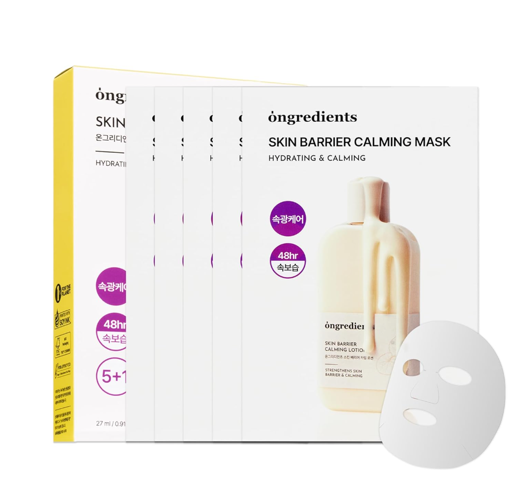 Onqier Skin Barrier Calming Mask packaging with mask and lotion bottle illustration on a white background, ONGREDIENTS Skin Barrier Calming Mask 6pcs