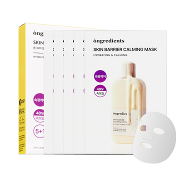 Onqier Skin Barrier Calming Mask packaging with mask and lotion bottle illustration on a white background, ONGREDIENTS Skin Barrier Calming Mask 6pcs
