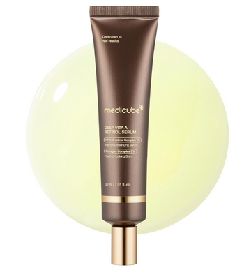 Medicube Deep Vita A Retinol Serum tube on a light green background, Medicube Deep Vita A Retinol Serum 30ml