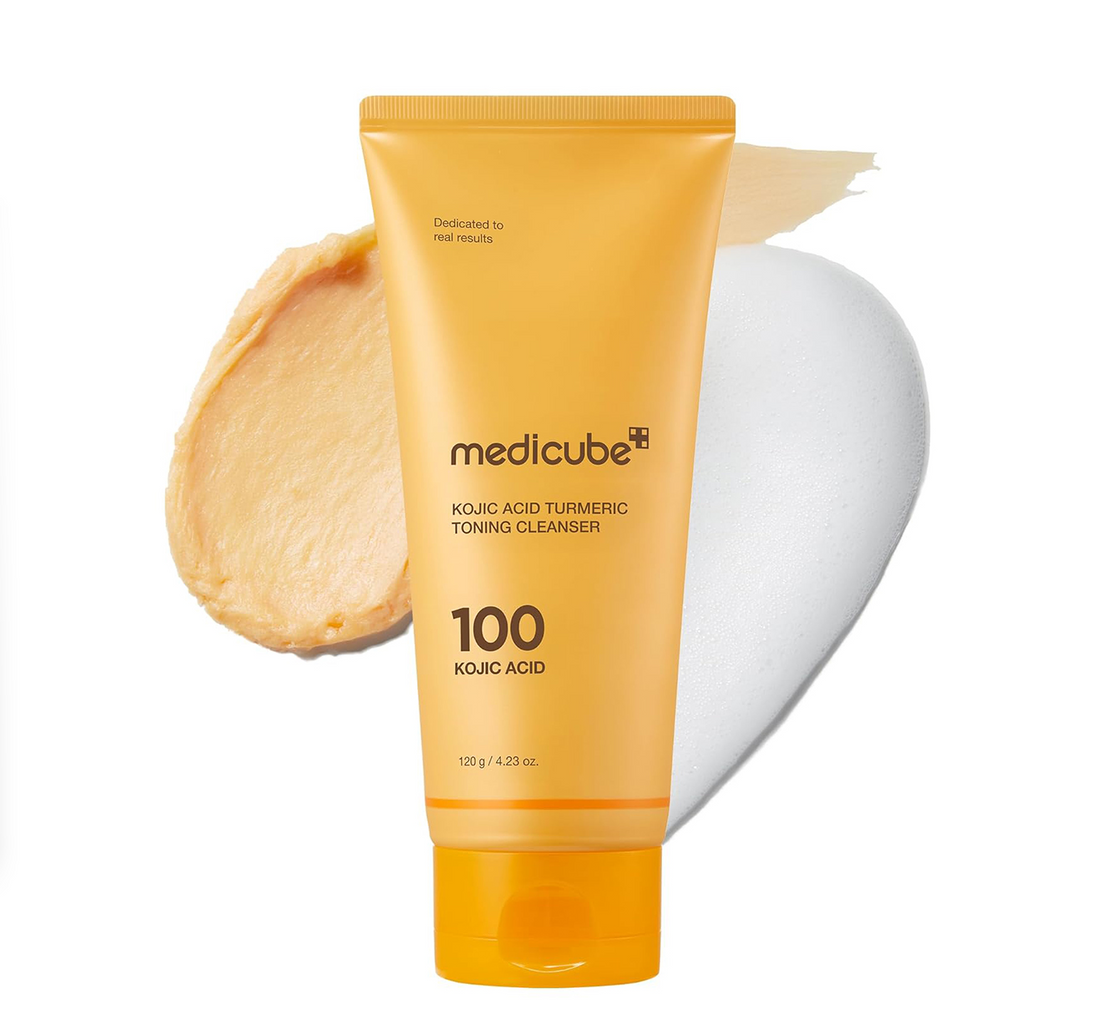 Medicube Kojic Acid Turmeric Toning Cleanser tube with a swatch on a white background, Medicube Kojic Acid Turmeric Toning Cleanser 120g