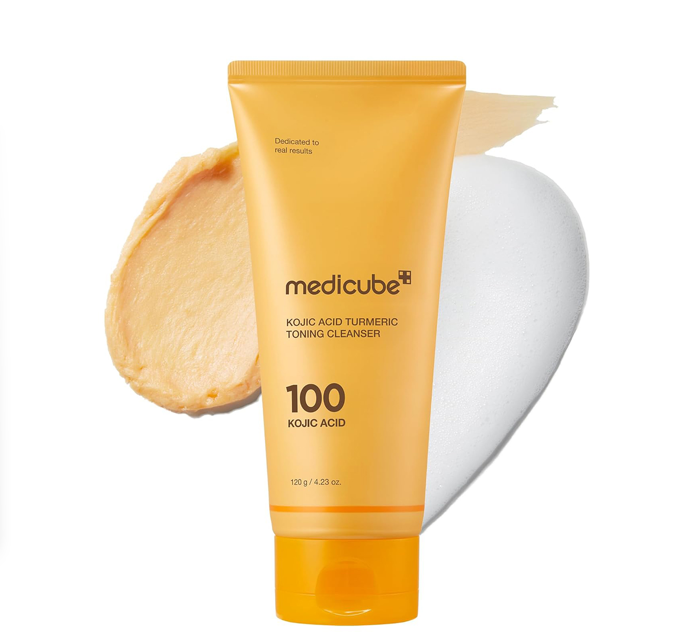 Medicube Kojic Acid Turmeric Toning Cleanser tube with a swatch on a white background, Medicube Kojic Acid Turmeric Toning Cleanser 120g