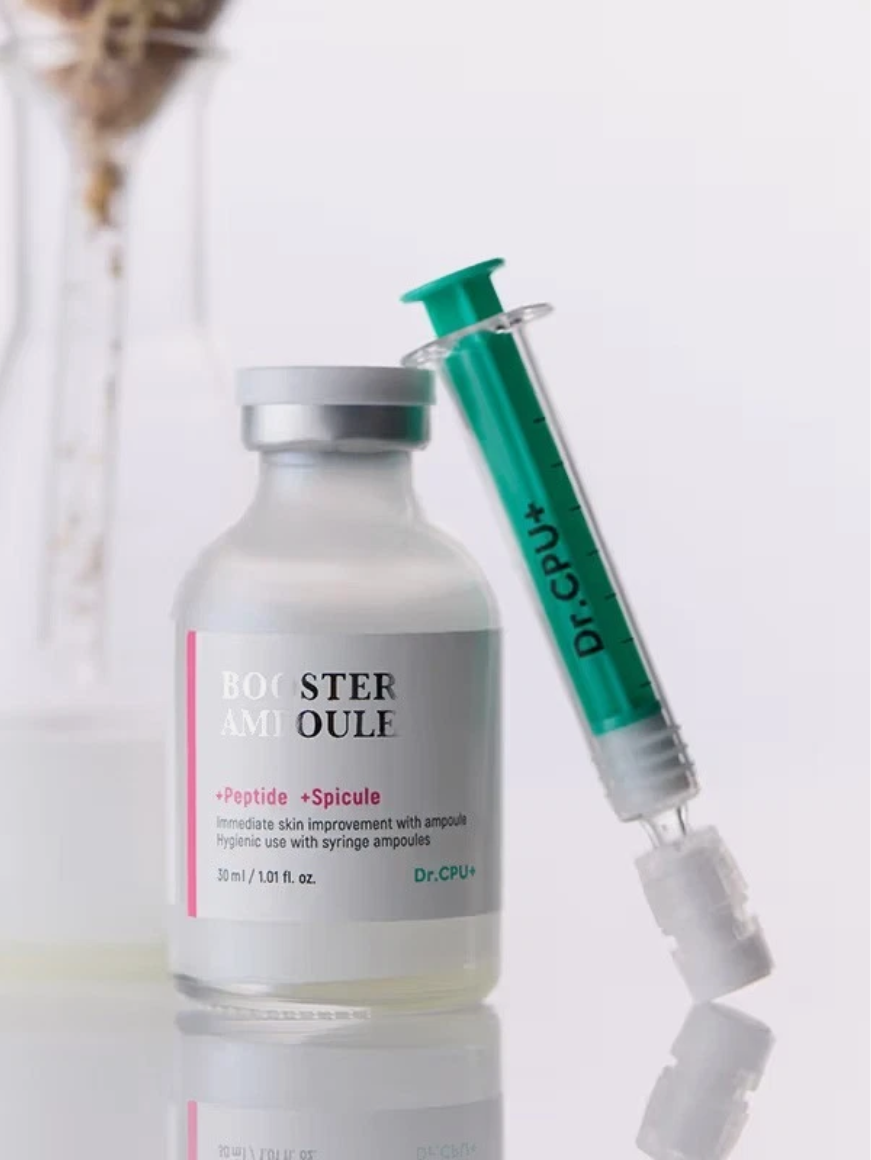 Skincare booster ampoule with a syringe on a white background, Dr.cpu+ Peptide + Spicule Booster Ampoule 30ml