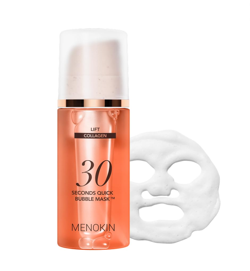 Menokin 30 Seconds Quick Bubble Mask with a white mask on a white background, MENOKIN 30 Seconds Quick Bubble Mask LIFT Collagen 95ml