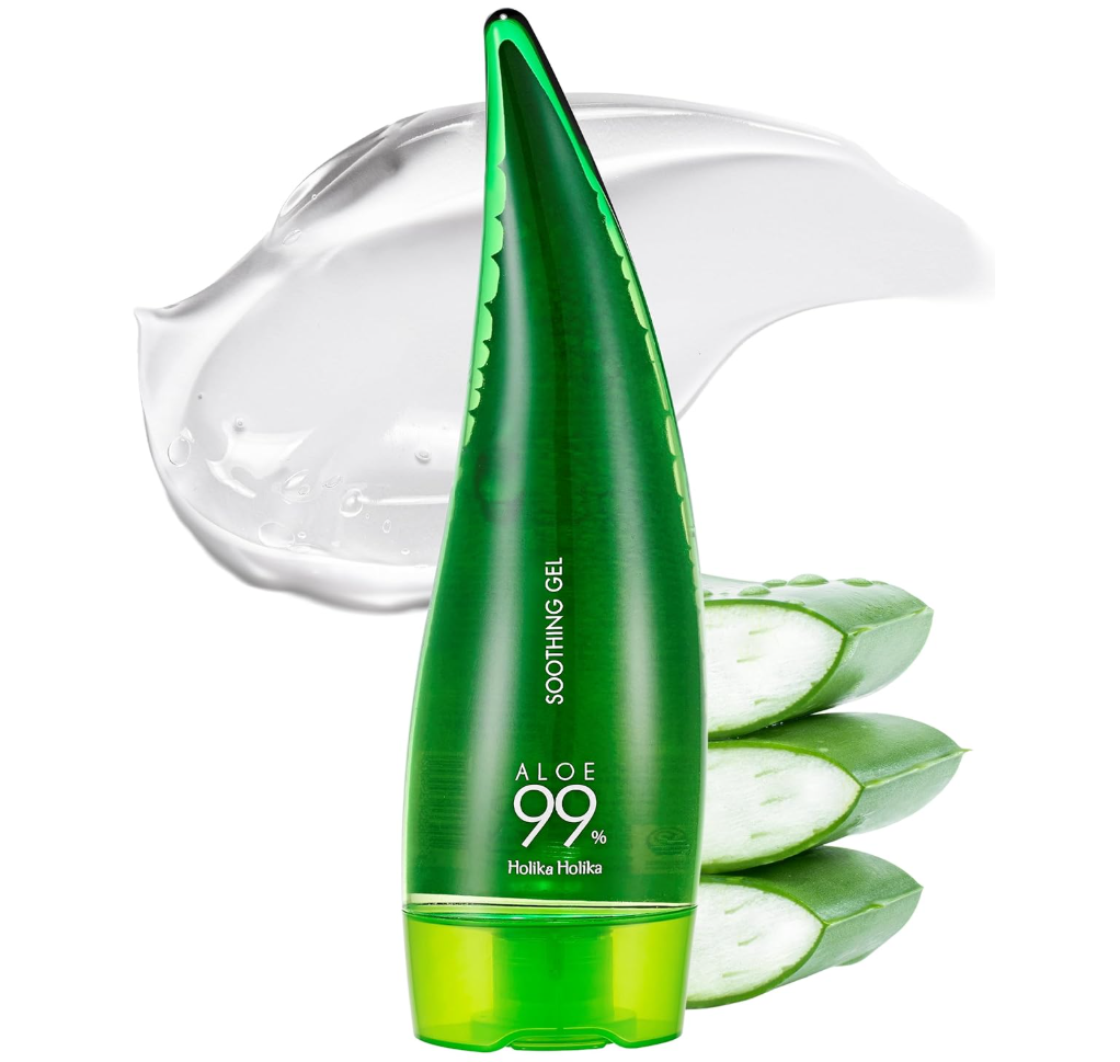 Green aloe vera gel bottle with aloe slices on a white background, Holika Holika Aloe 99% Soothing Gel 250ml