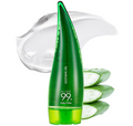 Green aloe vera gel bottle with aloe slices on a white background, Holika Holika Aloe 99% Soothing Gel 250ml