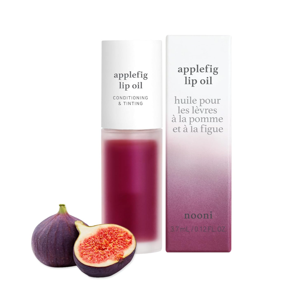 Apple fig lip oil with packaging and a fig on a white background, Nooni Applefig Lip Oil 3.7ml