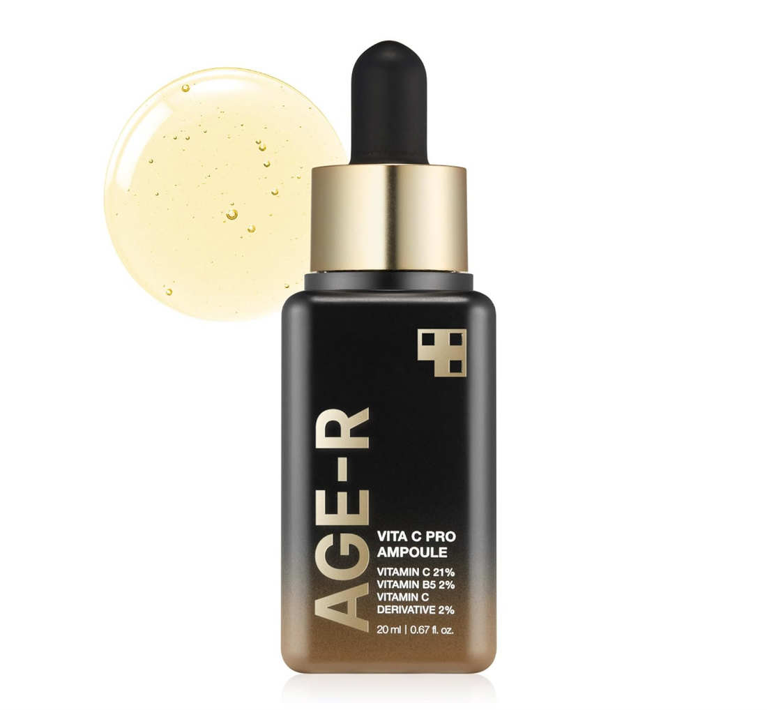 AGE-R VITA C PRO AMPOULE dropper bottle with a droplet of serum on a white background, Medicube Age-R Vita C Pro Ampoule 20ml