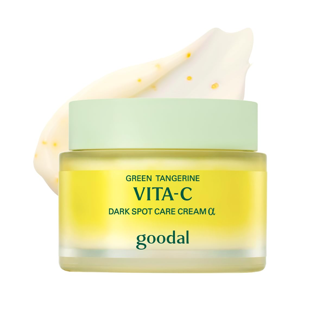 Goodal Green Tangerine Vita-C Dark Spot Care Cream jar with a white applicator on a white background, Goodal Vita-C Dark Spot Care Cream 50ml