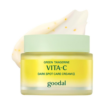 Goodal Green Tangerine Vita-C Dark Spot Care Cream jar with a white applicator on a white background, Goodal Vita-C Dark Spot Care Cream 50ml