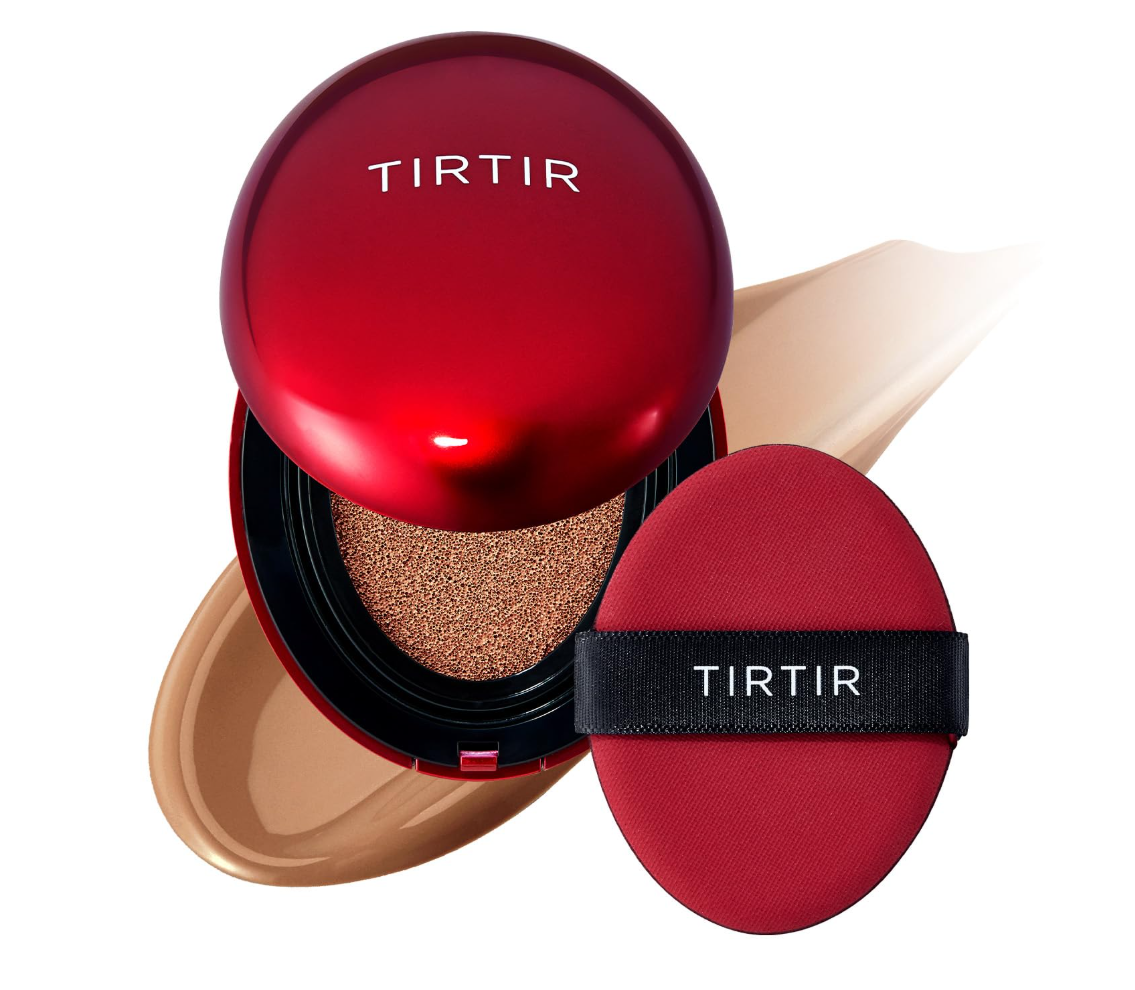 TIRTIR cosmetic compact with red lid and black band on a white background, TIRTIR Mask Fit Red Cushion 37C Almond 18g
