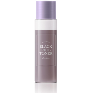 Black rice toner bottle with purple cap and label on a white background, I'm From Black Rice Toner 150ml
