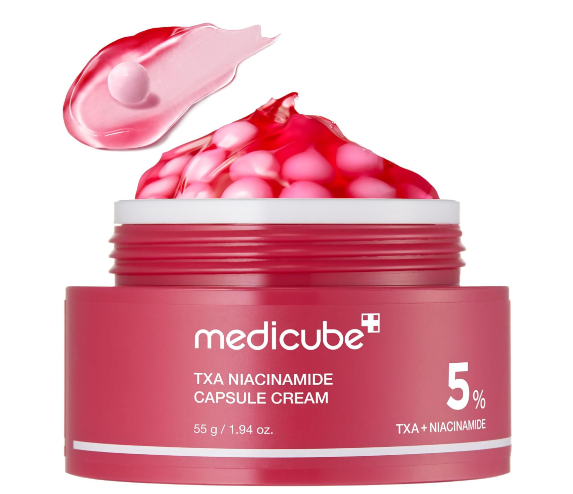 Red jar of Medicube TXA Niacinamide Capsule Cream with pink cream and capsules on a white background, Medicube TXA Niacinamide Capsule Cream 55g