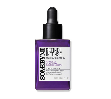 Purple serum bottle with dropper labeled 'SOME BY MI Retinol Intense Reactivating Serum' on a white background, Somebymi Retionol Intense Reactivating Serum 30ml